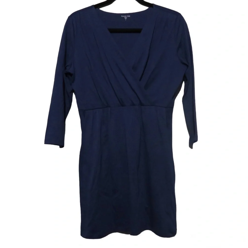 Garnet Hill‎ Mini Dress Pima Cotton V-neck 3/4 Sleeves Navy Blue Versatile